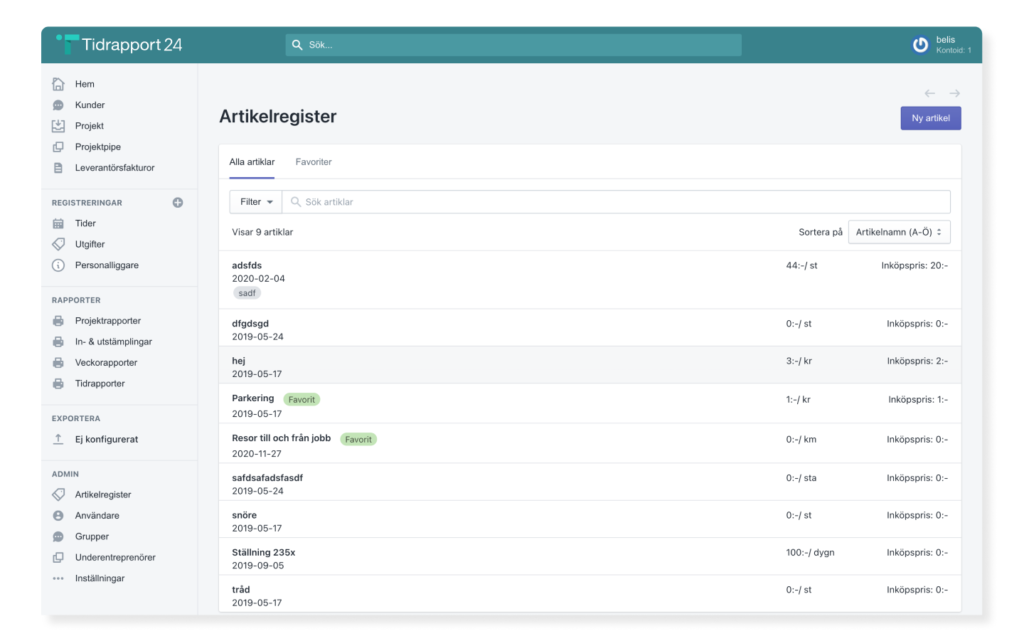 Artikelregister desktop mockup tidrapport