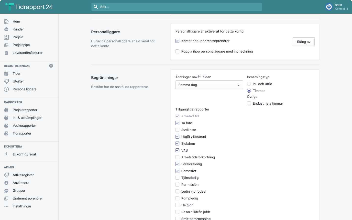 tidrapportering admin personalliggare